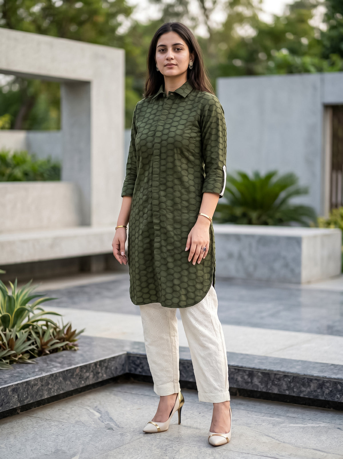 Olive Green Hacuba work Shirt Style Kurta with Pants