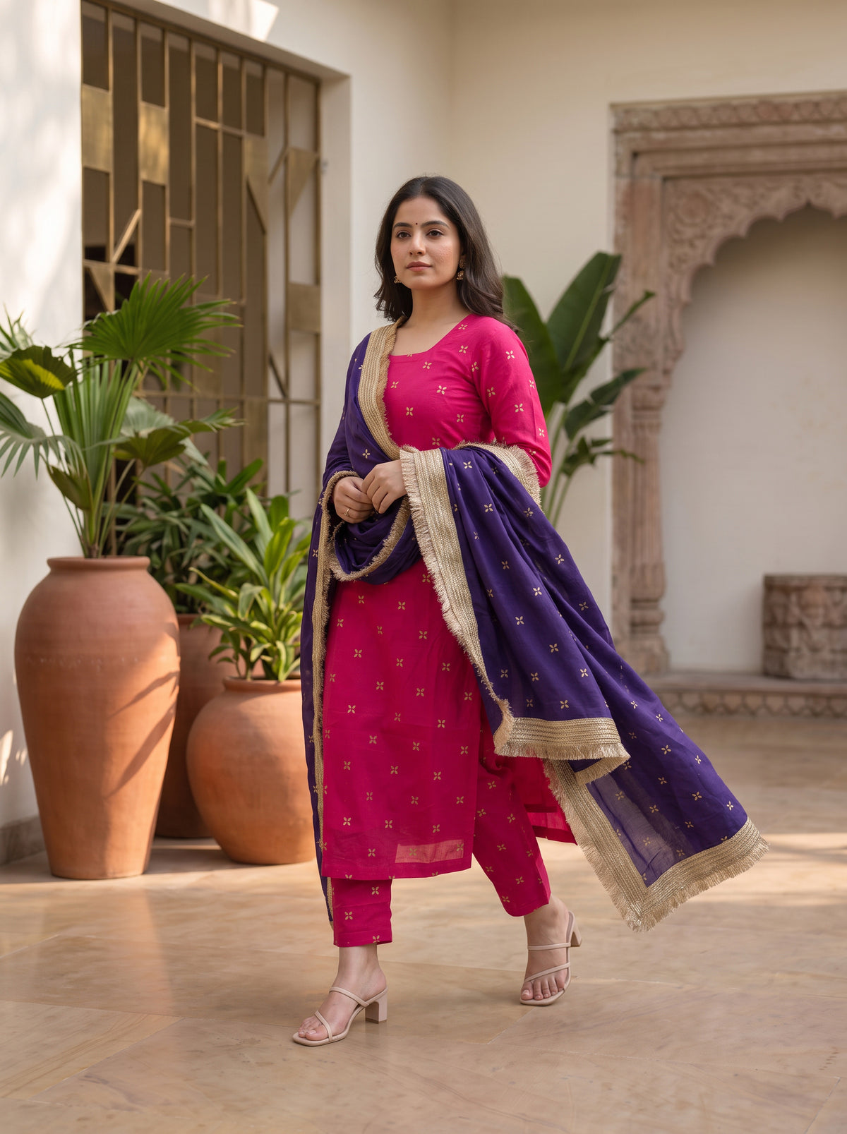 Majenta Mukaish Kurta Set with Dupatta