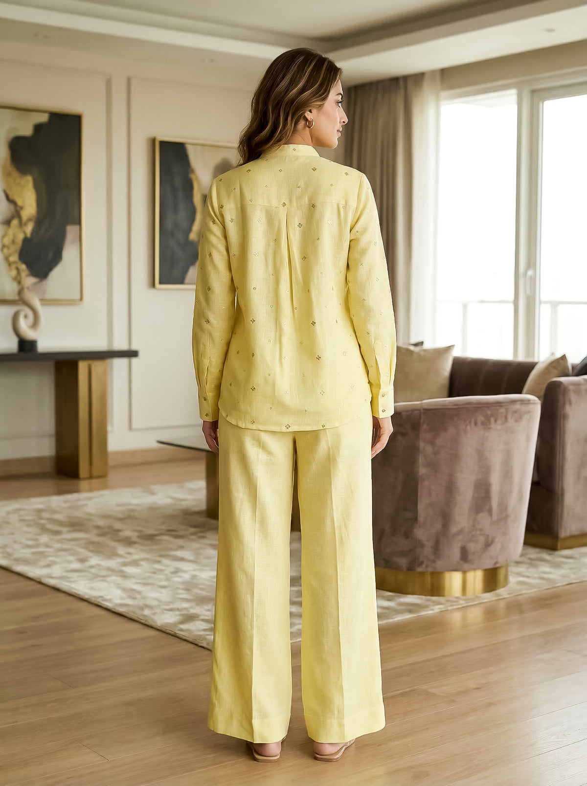 Solid Yellow Embellished Linen Coord Set with Straight Pants
