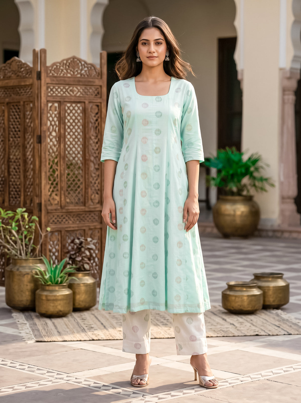 Mint PolkaA Shape kalidar Kurta with Straight Pants with Dupatta