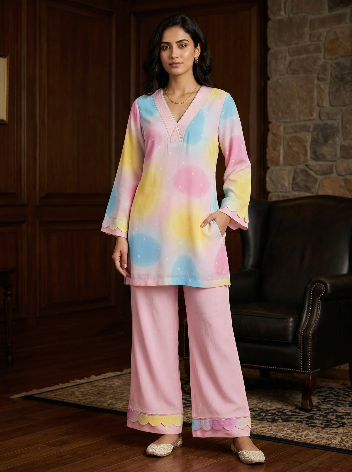 Multicolor Abstract Printed kurta with Pink Palazzo Set