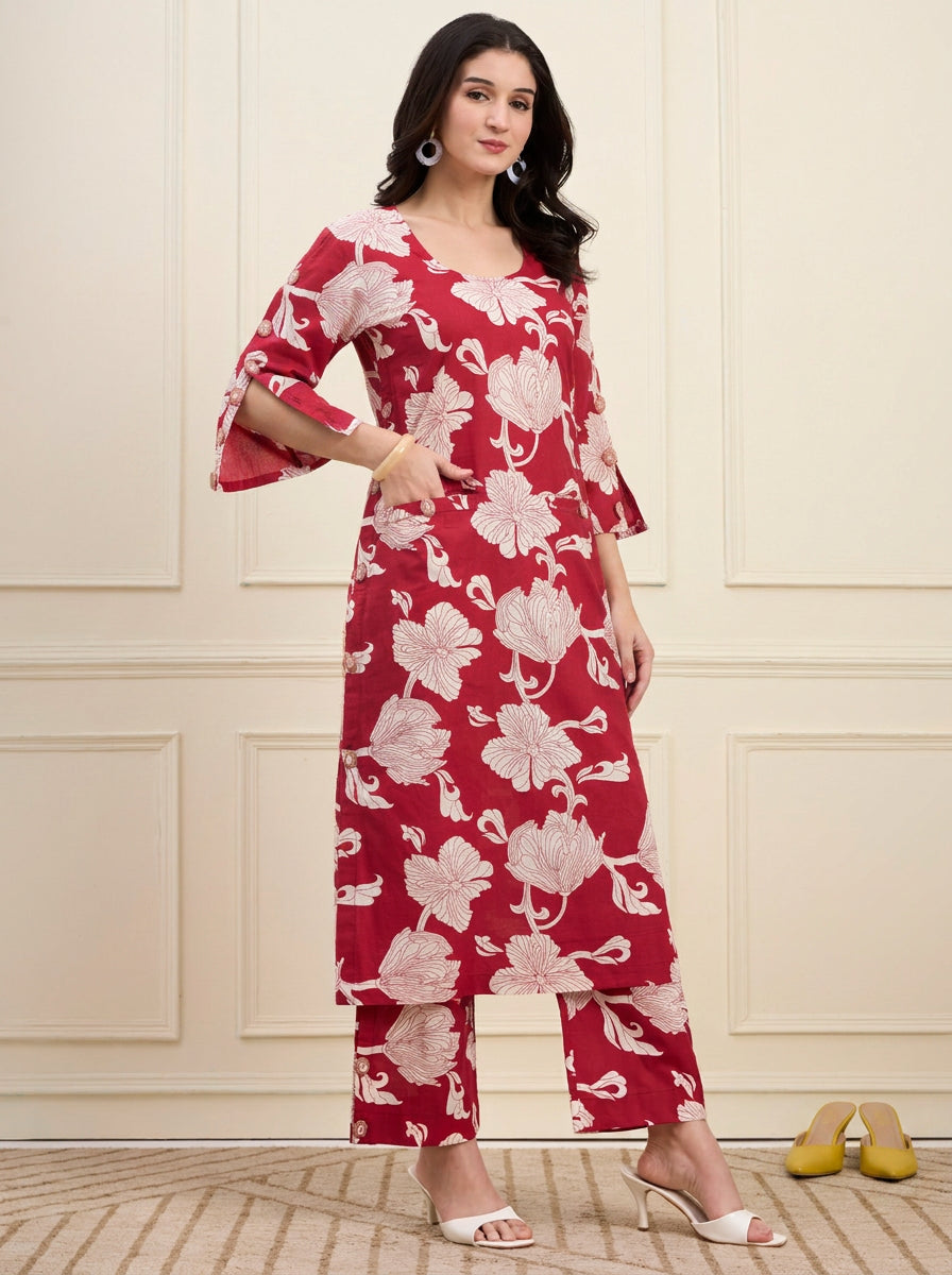 Red floral Print Kurta Set