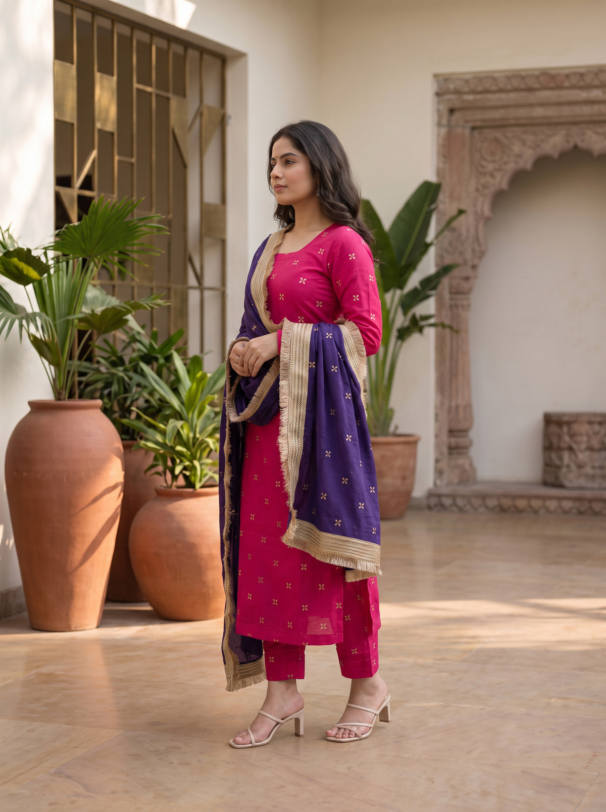 Majenta Mukaish Kurta Set with Dupatta