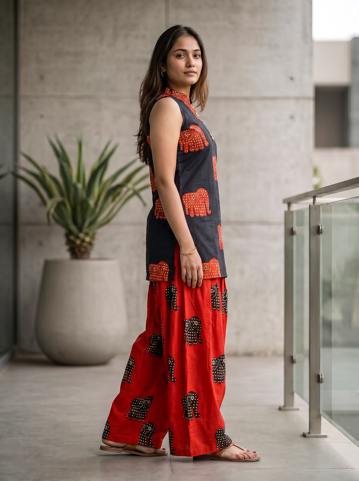 Black Elephant Print Kurta with Red Farshi Salwar