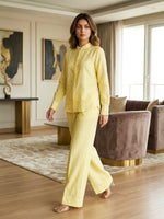 Solid Yellow Embellished Linen Coord Set with Straight Pants