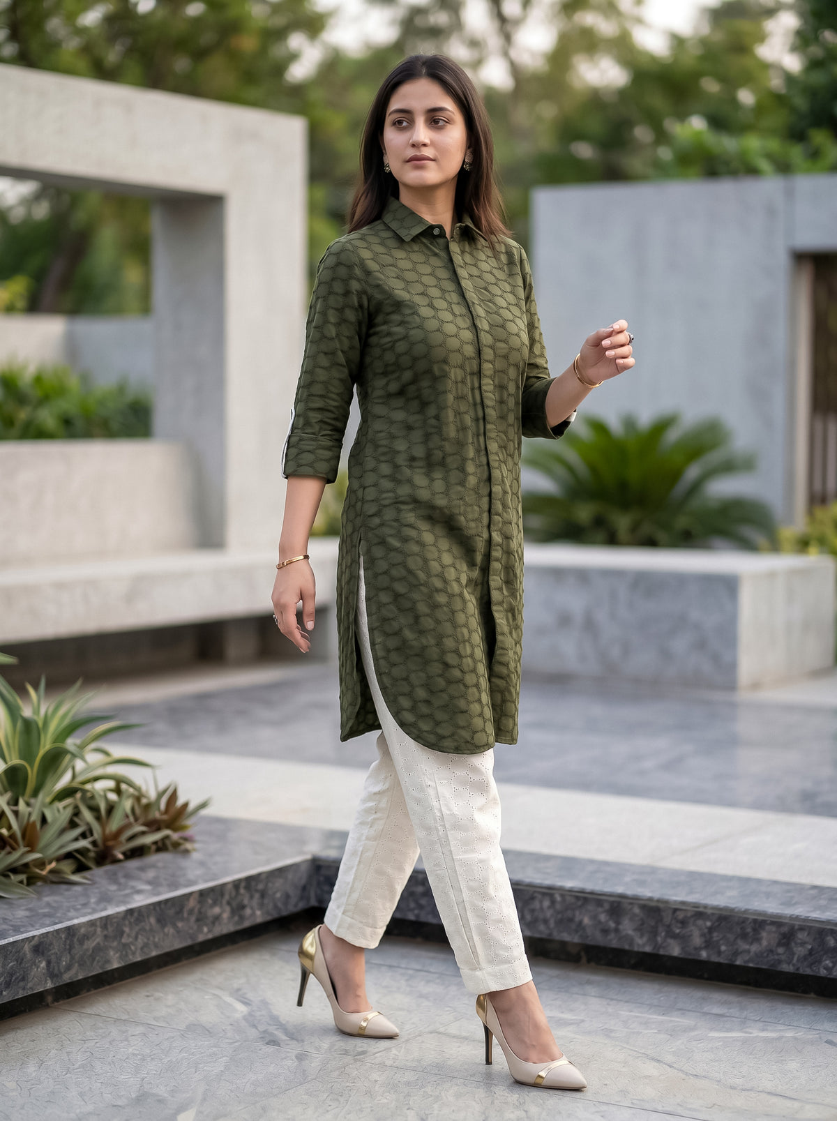 Olive Green Hacuba work Shirt Style Kurta with Pants