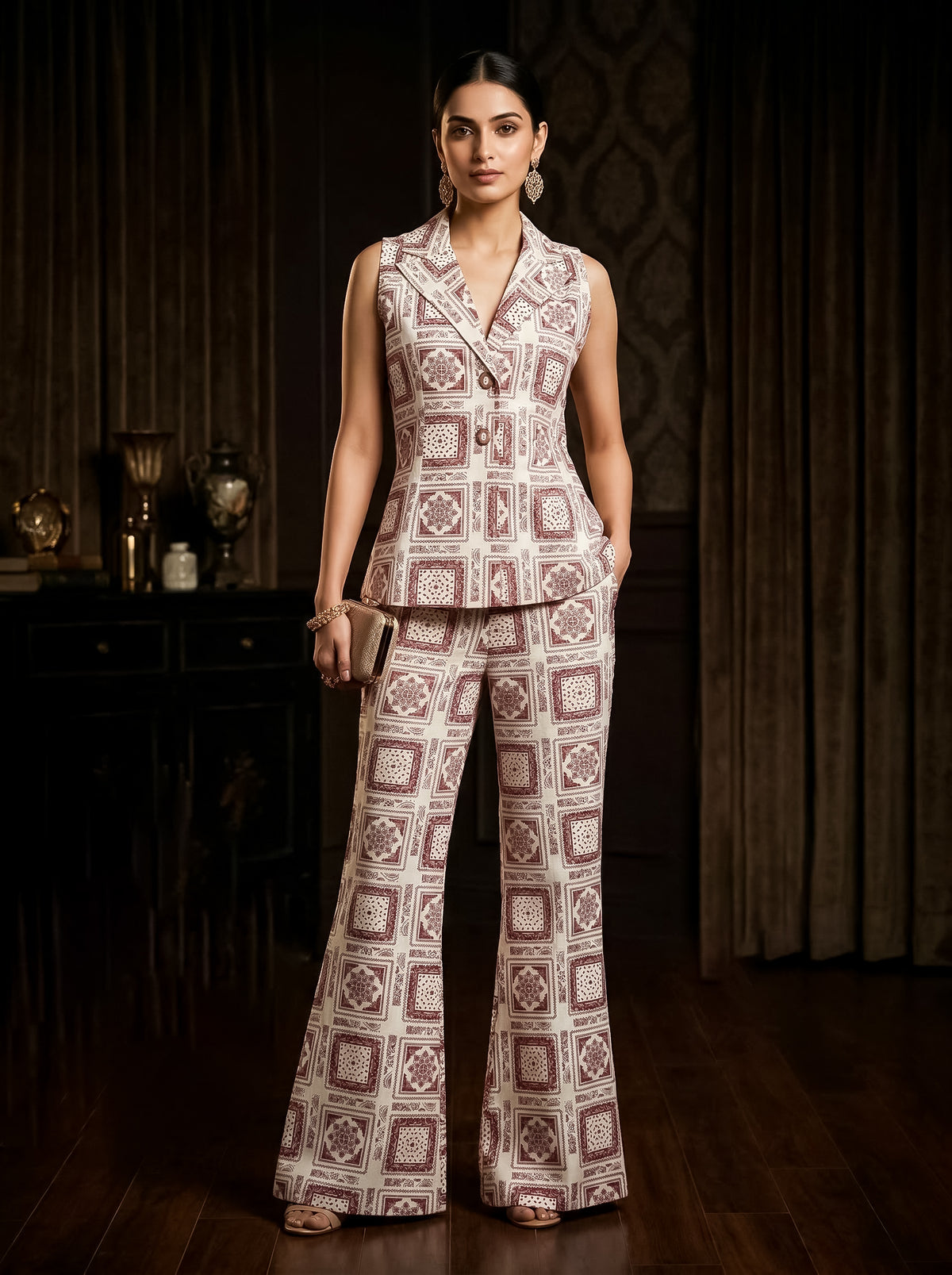 Geometric Printed Blazer Top with Trousers