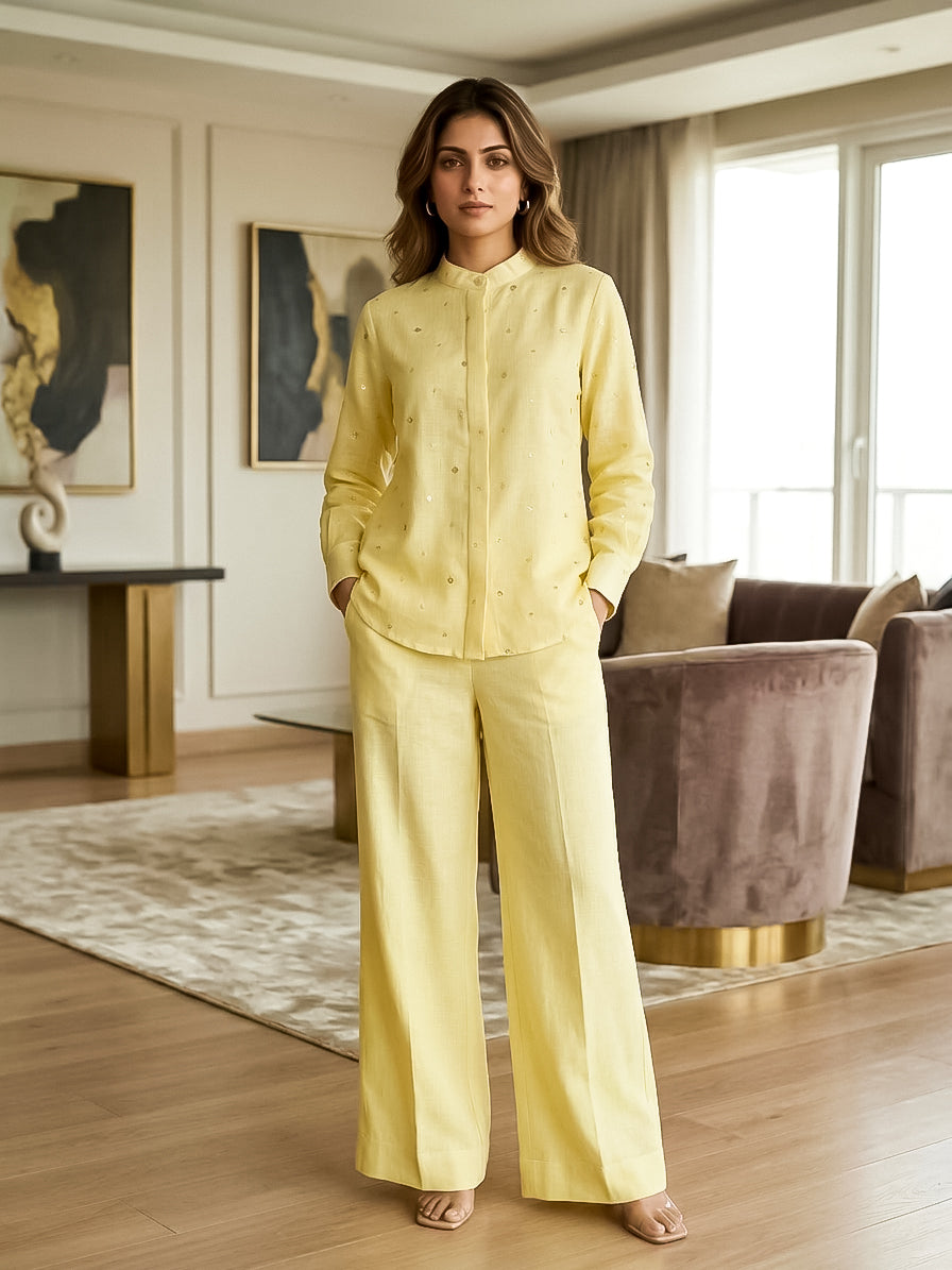 Solid Yellow Embellished Linen Coord Set with Straight Pants