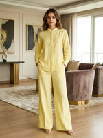 Solid Yellow Embellished Linen Coord Set with Straight Pants