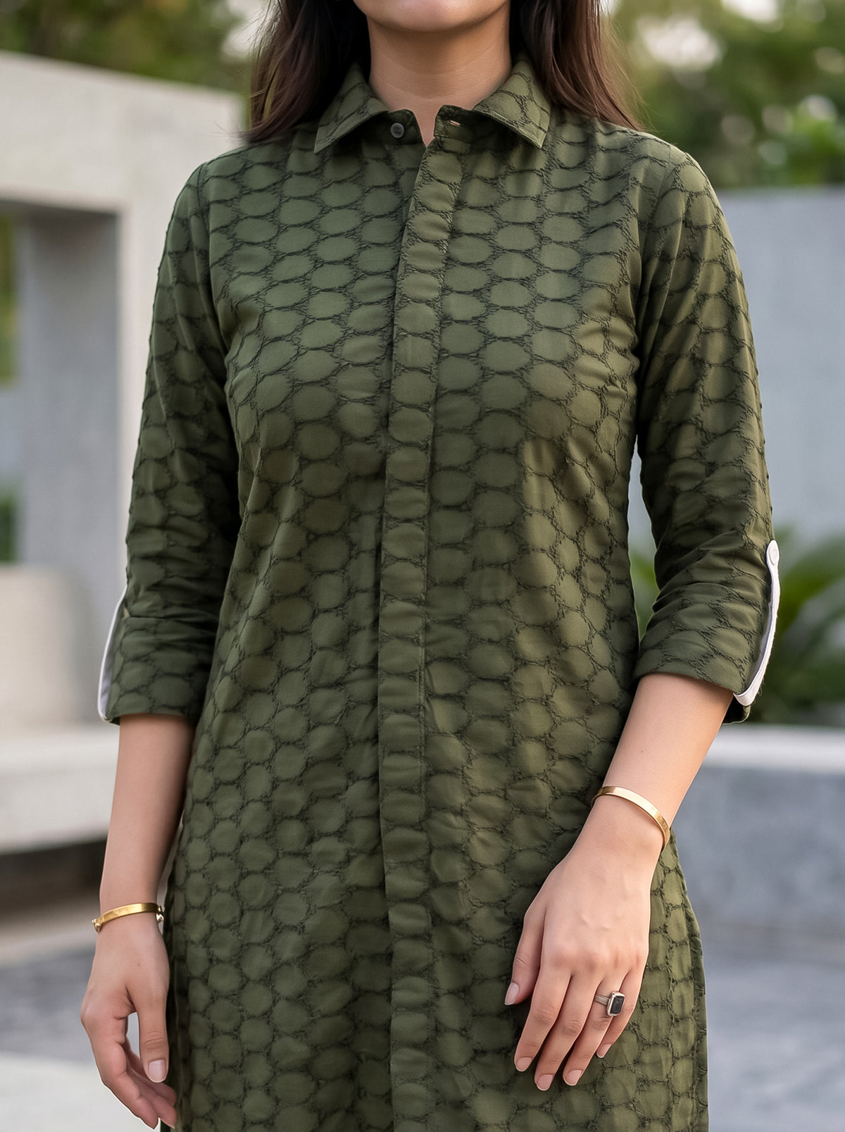 Olive Green Hacuba work Shirt Style Kurta with Pants