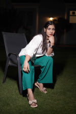 White Shirt & Green Wide-Leg Trouser Coord Set