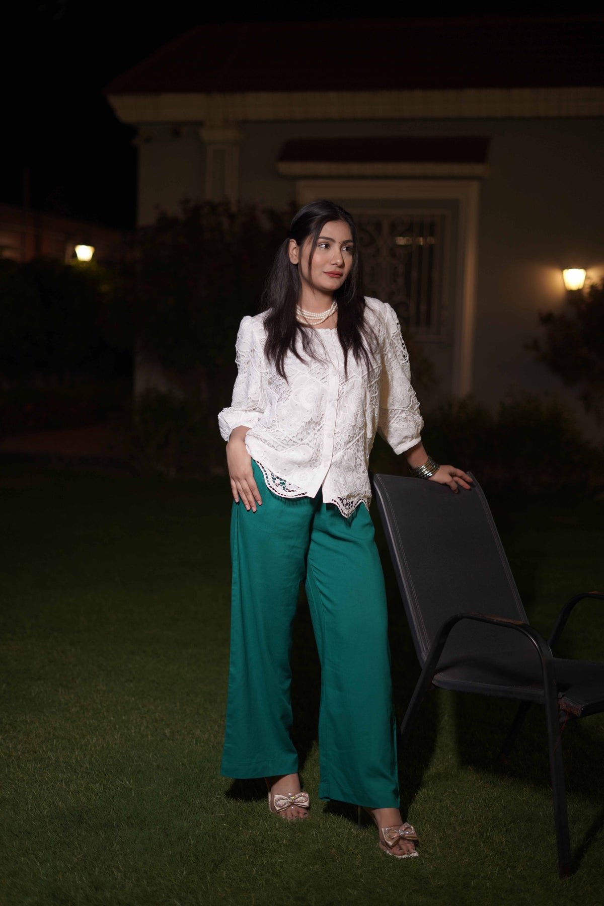 White Shirt & Green Wide-Leg Trouser Coord Set