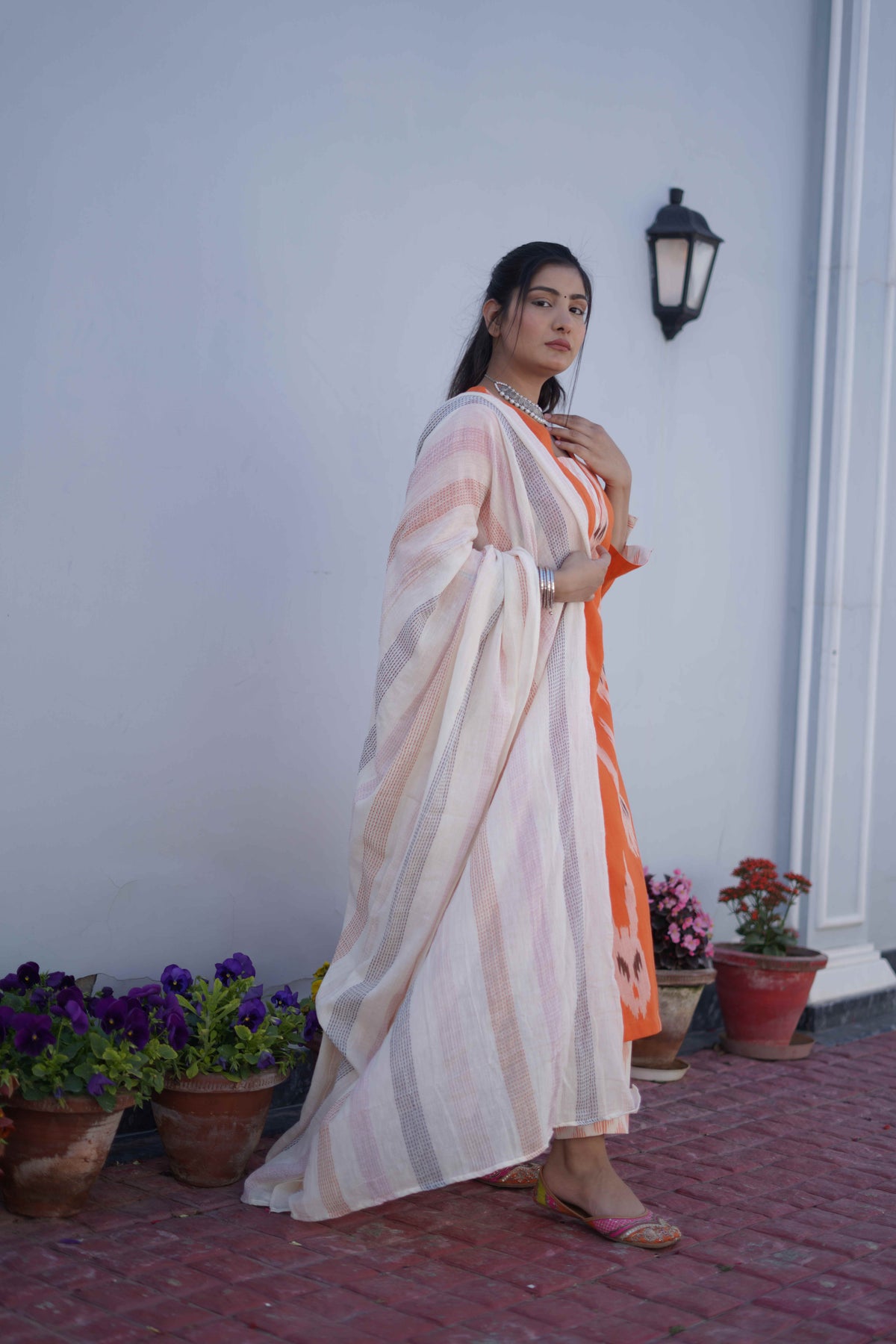 Orange & Off White Kurta Set with Dupatta
