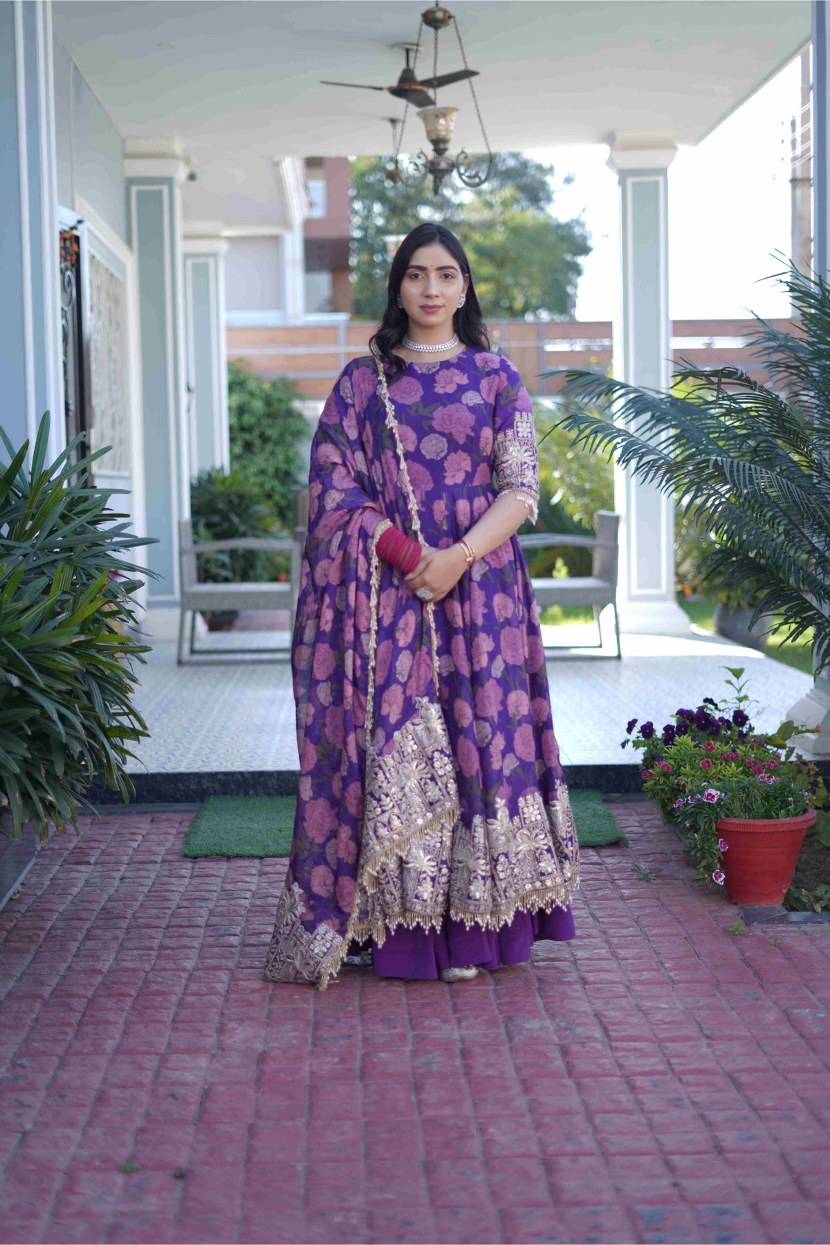 Purple Floral Anarkali Suit Set