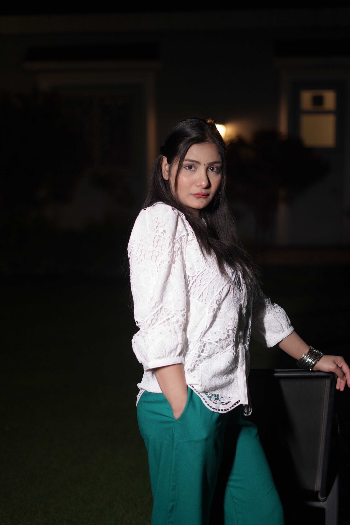 White Shirt & Green Wide-Leg Trouser Coord Set