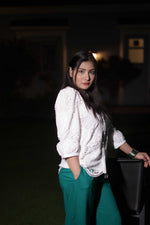 White Shirt & Green Wide-Leg Trouser Coord Set