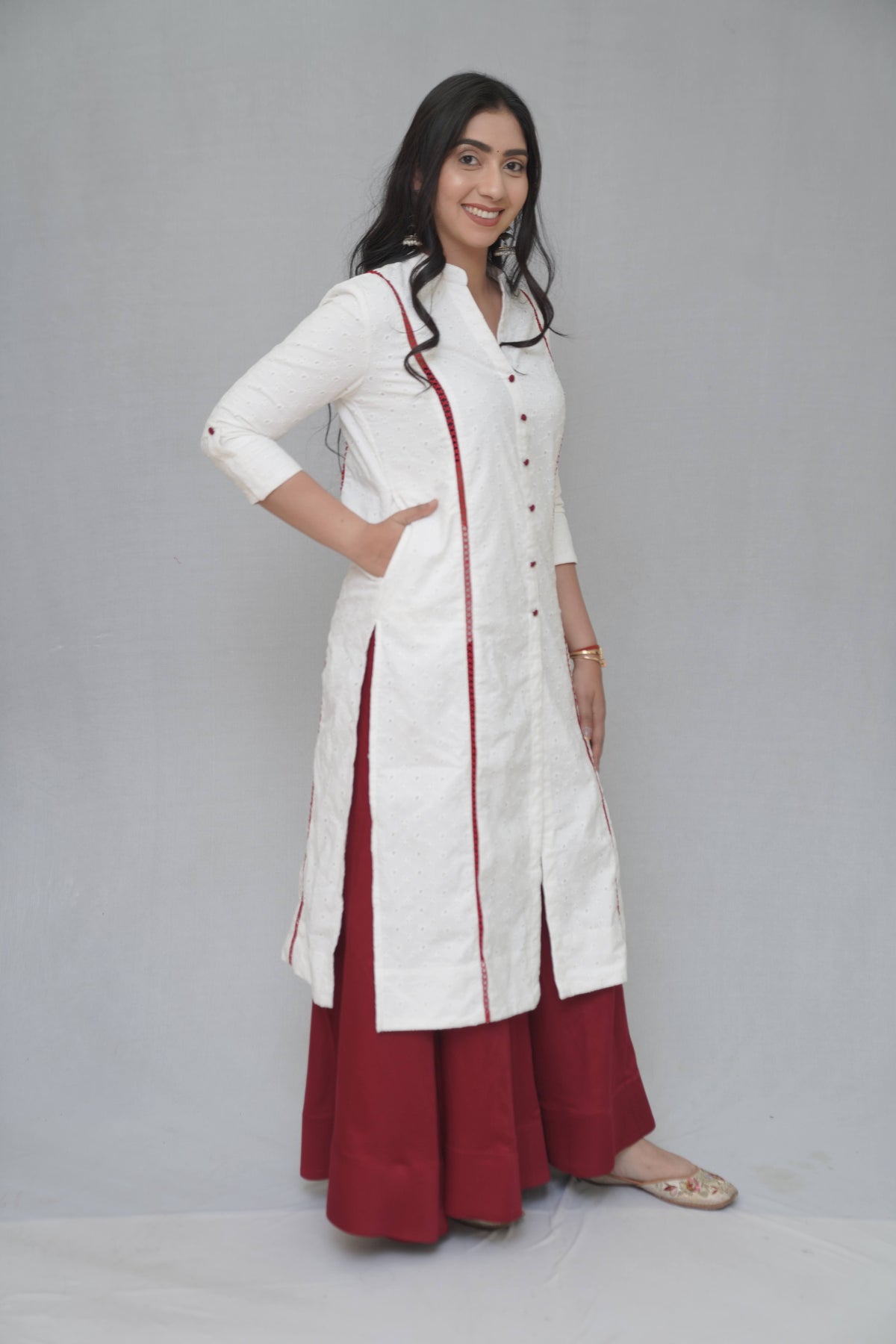 White & Red Kurta and Palazzo Set