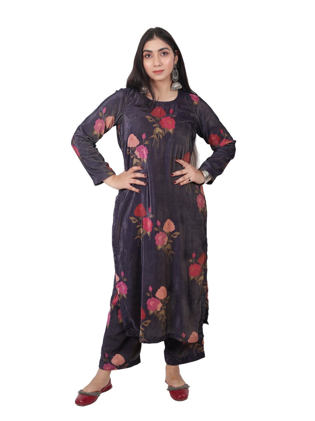 VELVET PURPLE FLORRAL KURTA SET