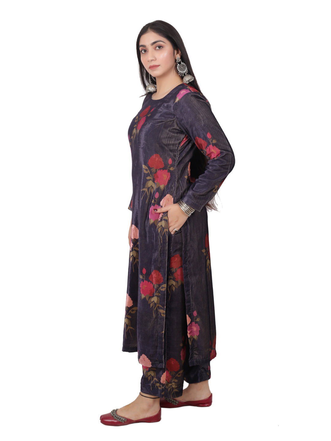 VELVET PURPLE FLORRAL KURTA SET