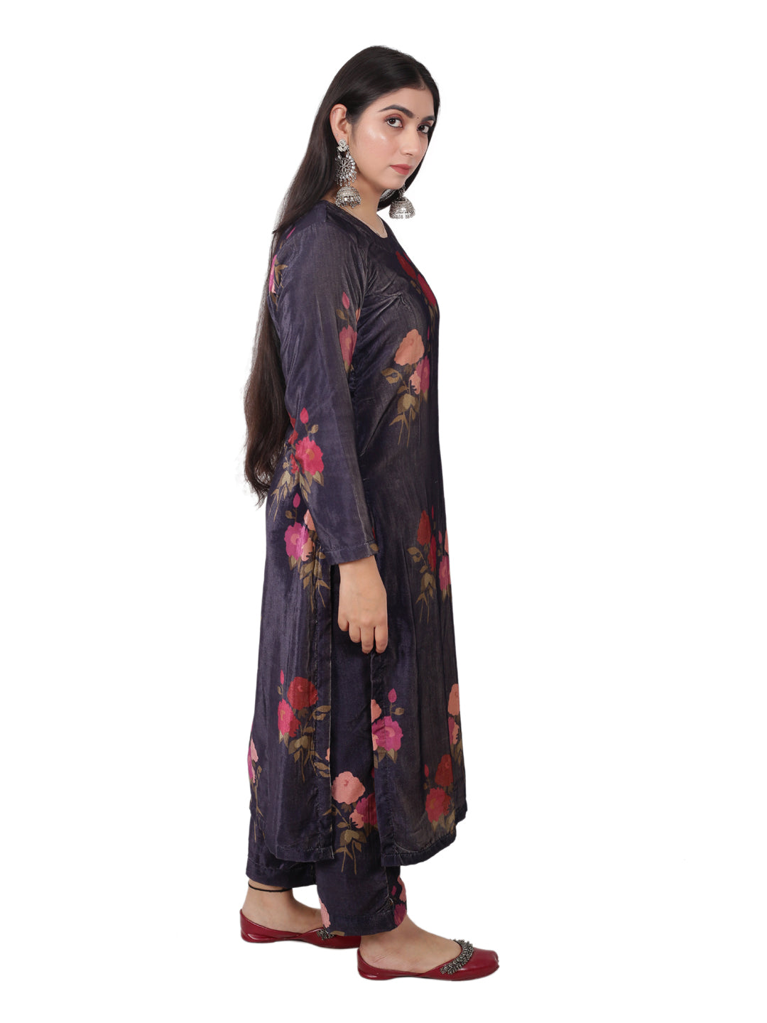 VELVET PURPLE FLORRAL KURTA SET