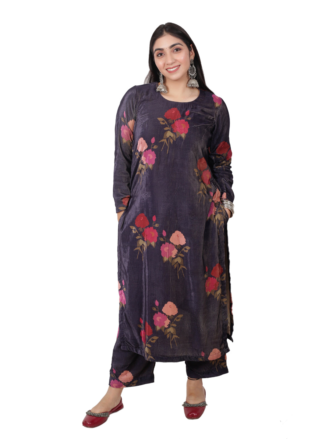 VELVET PURPLE FLORRAL KURTA SET
