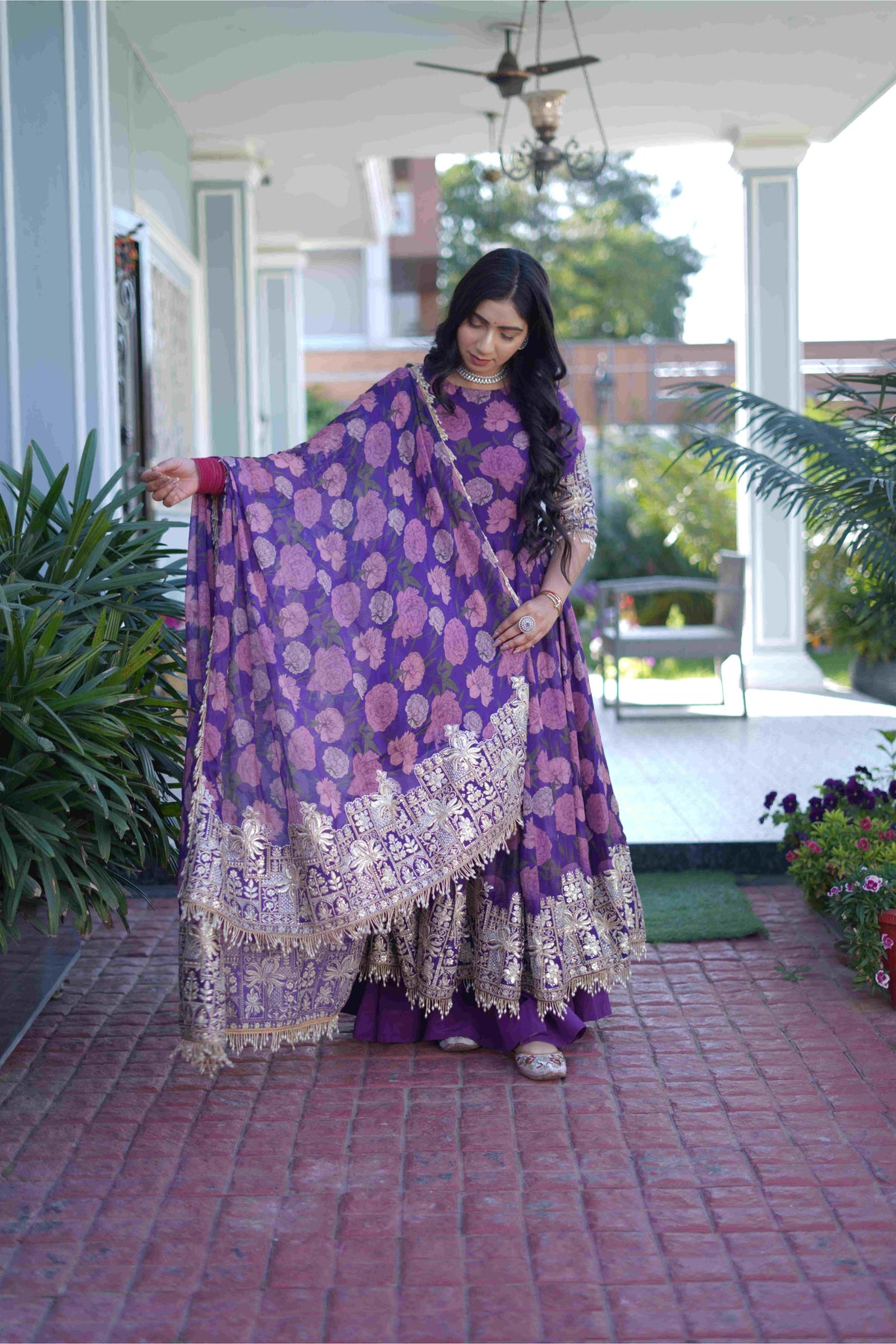 Purple Floral Anarkali Suit Set