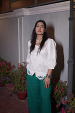 White Shirt & Green Wide-Leg Trouser Coord Set