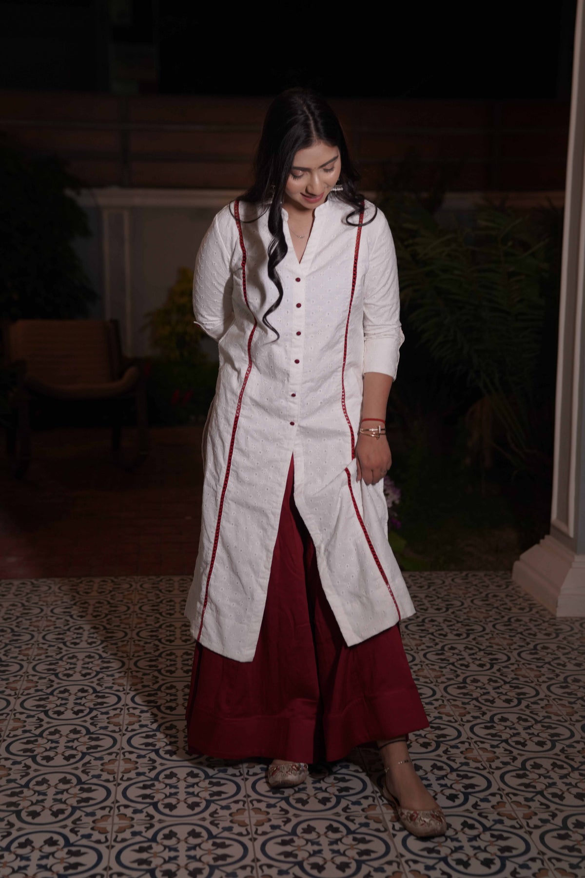 White & Red Kurta and Palazzo Set