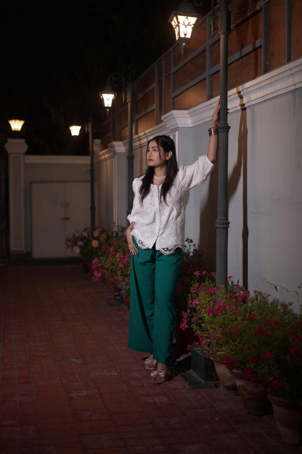 White Shirt & Green Wide-Leg Trouser Coord Set