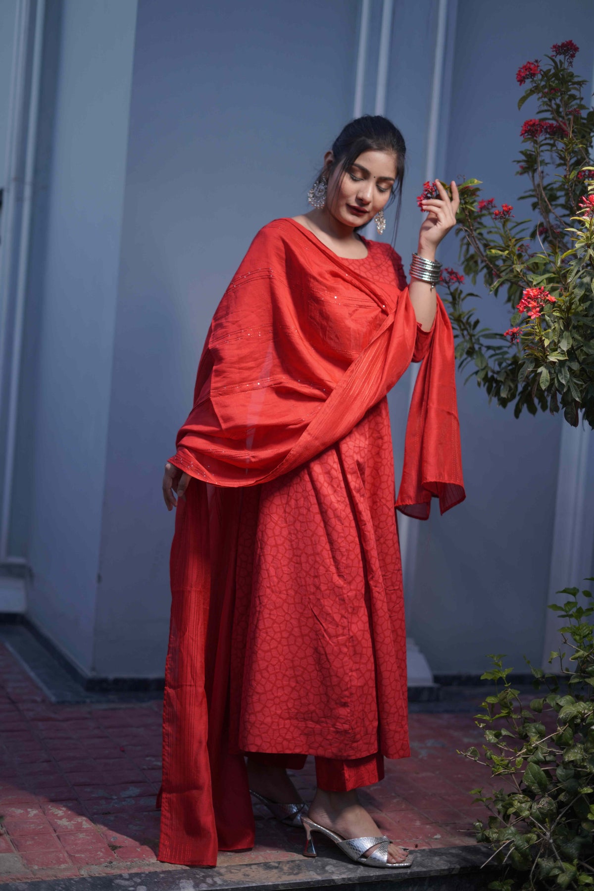 Red Anarkali Suit Set with Dupatta