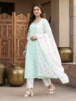 Mint PolkaA Shape kalidar Kurta with Straight Pants with Dupatta