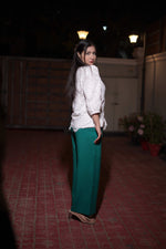 White Shirt & Green Wide-Leg Trouser Coord Set