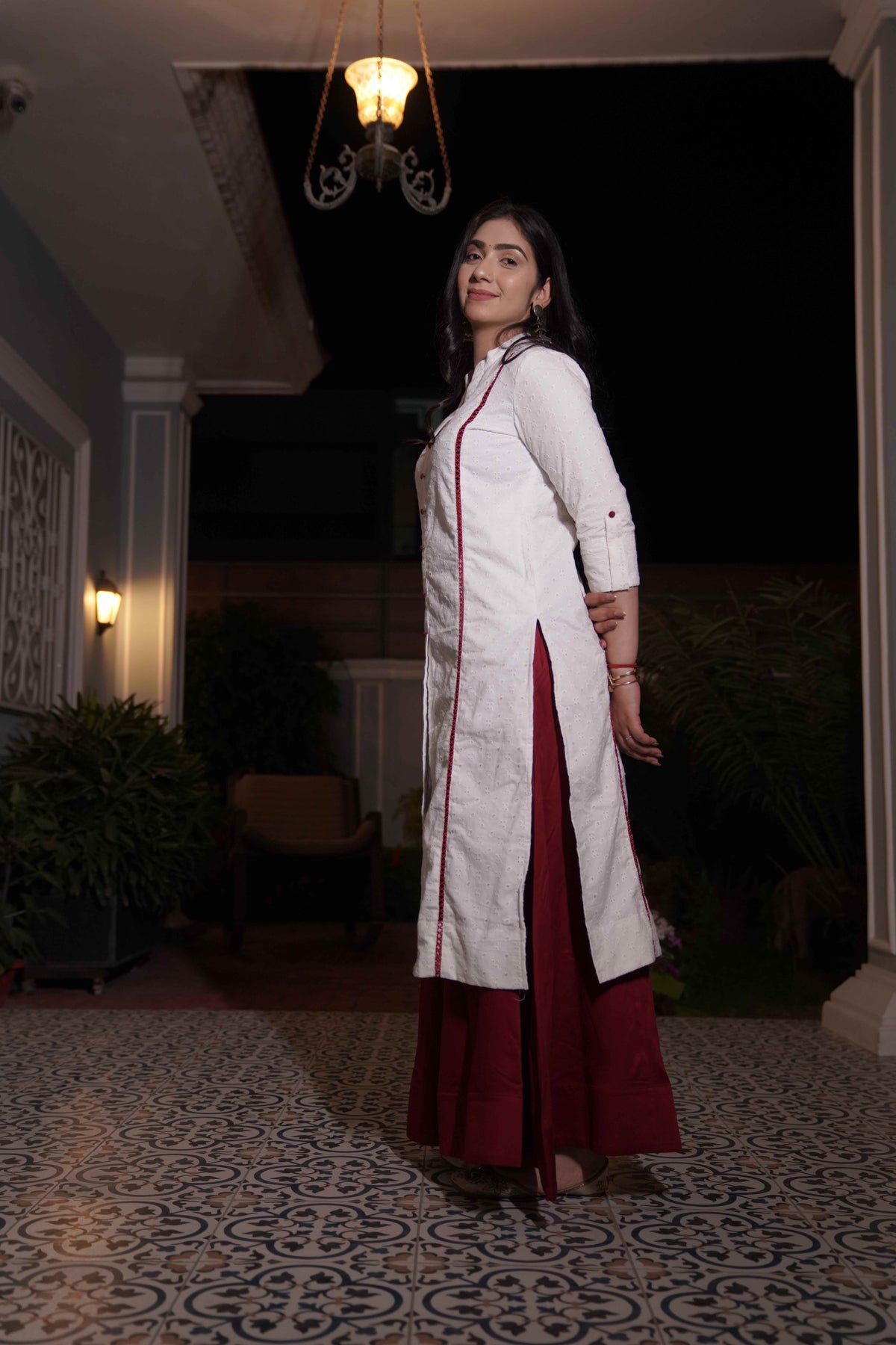 White & Red Kurta and Palazzo Set