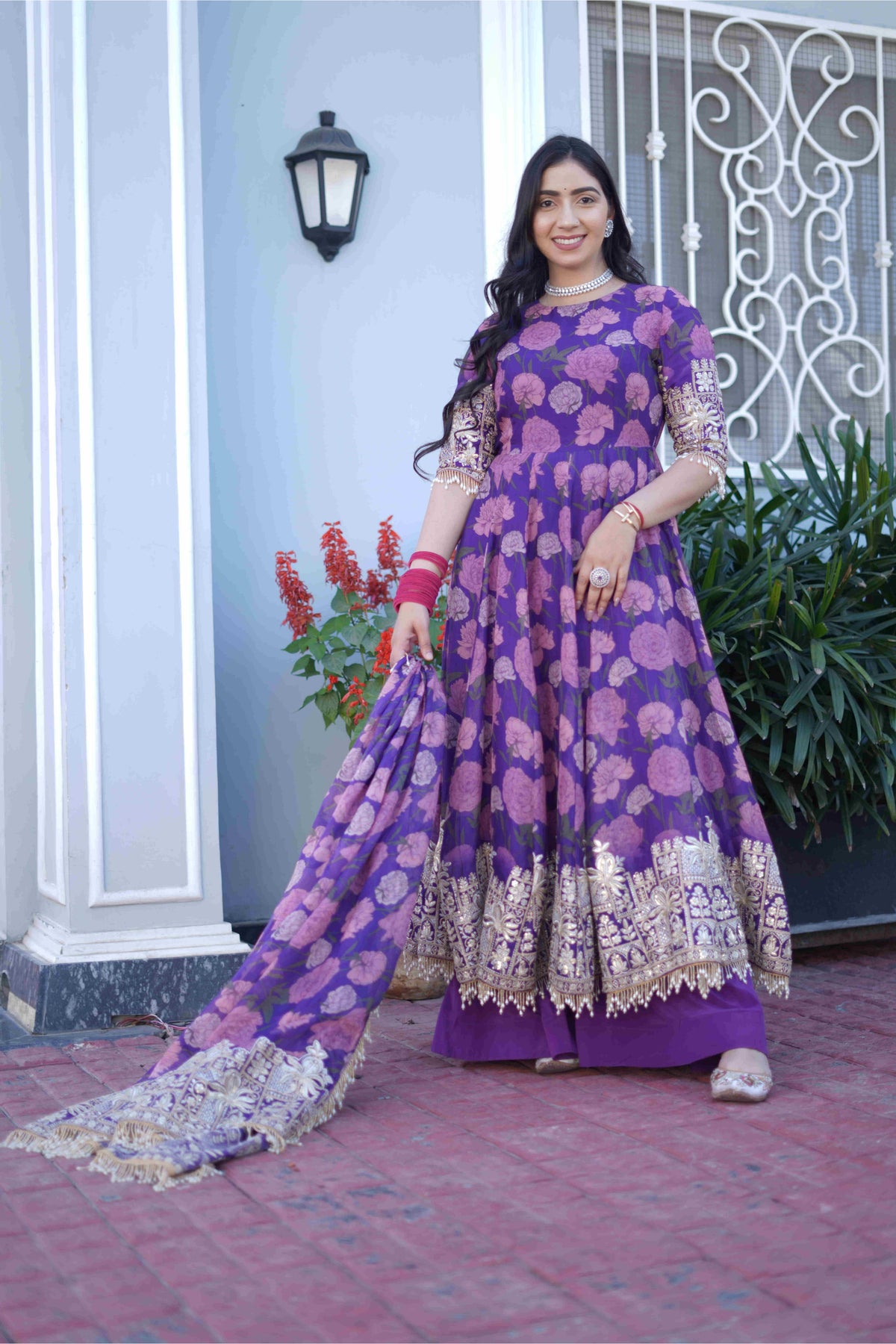 Purple Floral Anarkali Suit Set