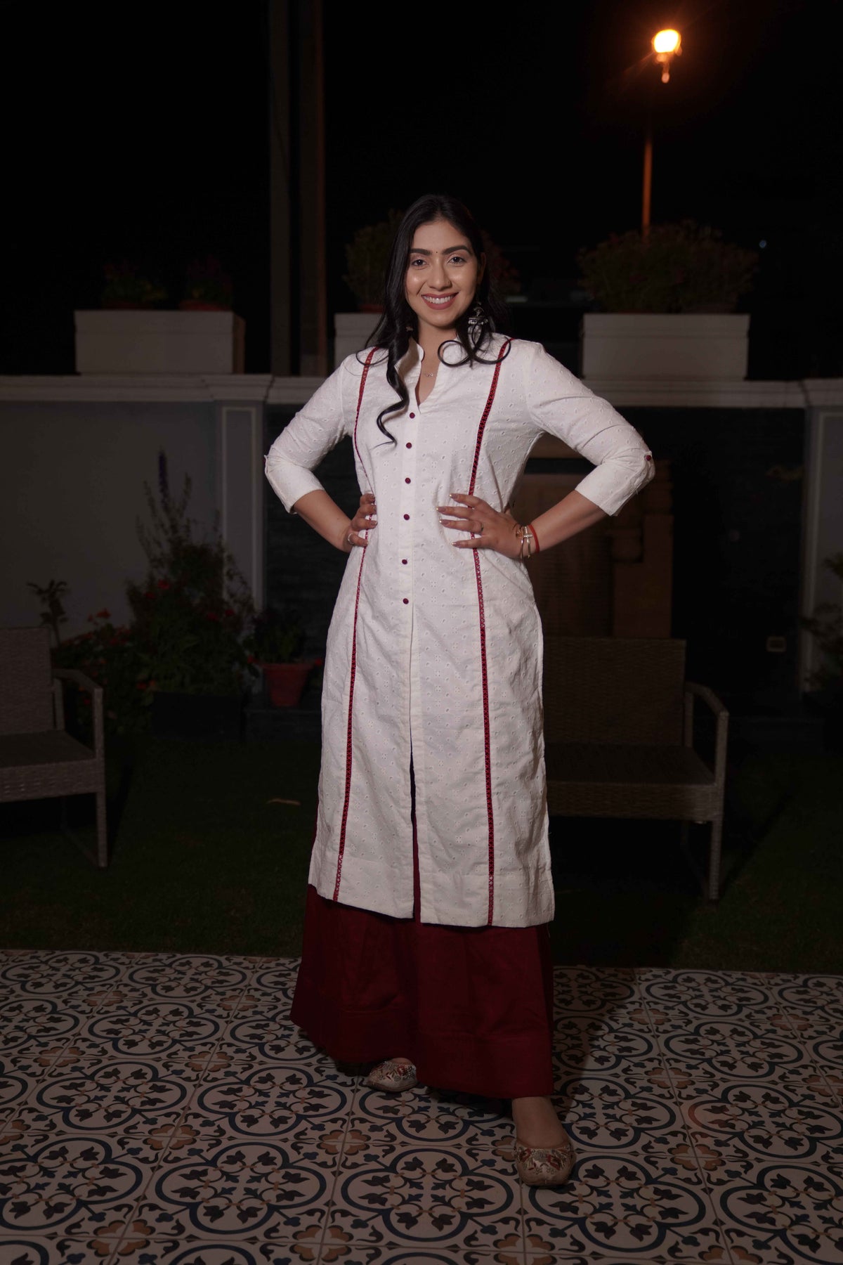White & Red Kurta and Palazzo Set