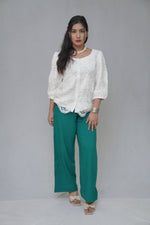 White Shirt & Green Wide-Leg Trouser Coord Set