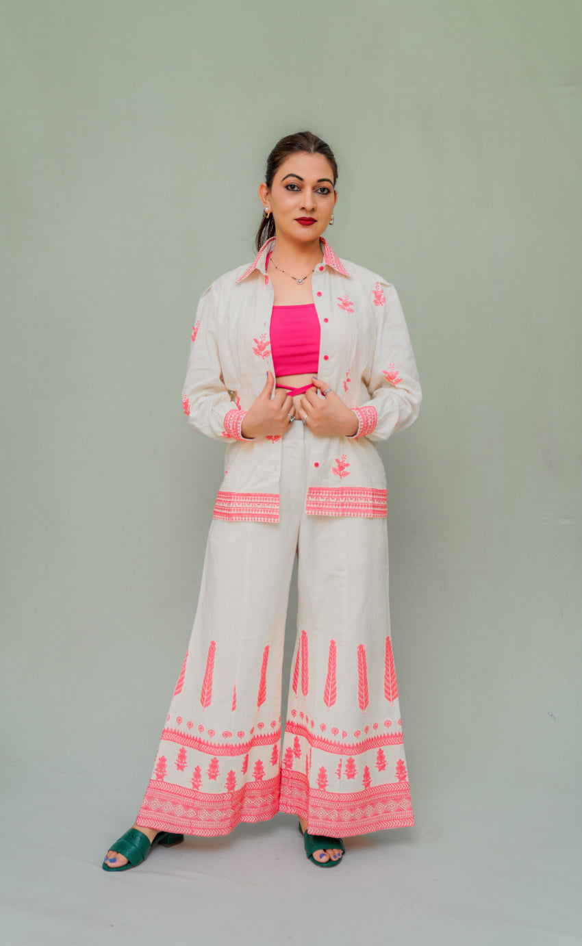 Off white Fushsia pink embriodered Coord Set