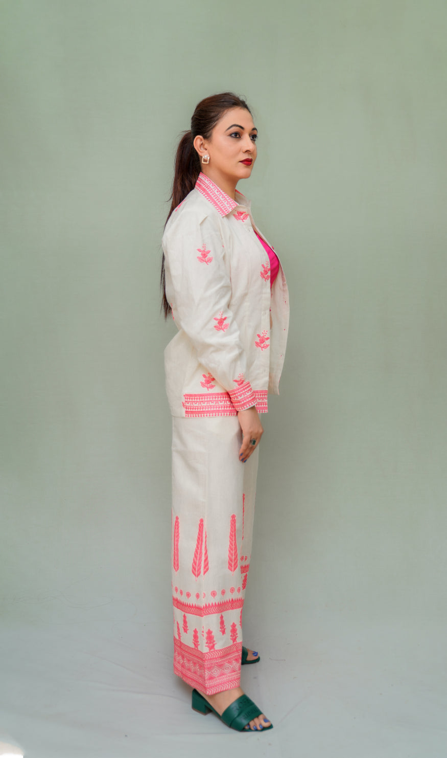 Off white Fushsia pink embriodered Coord Set