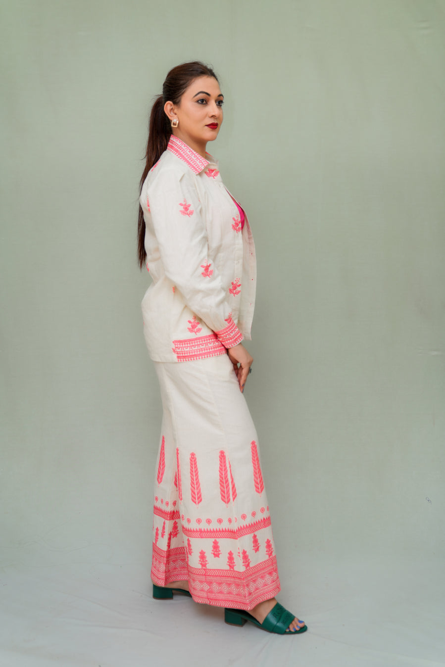 Off white Fushsia pink embriodered Coord Set