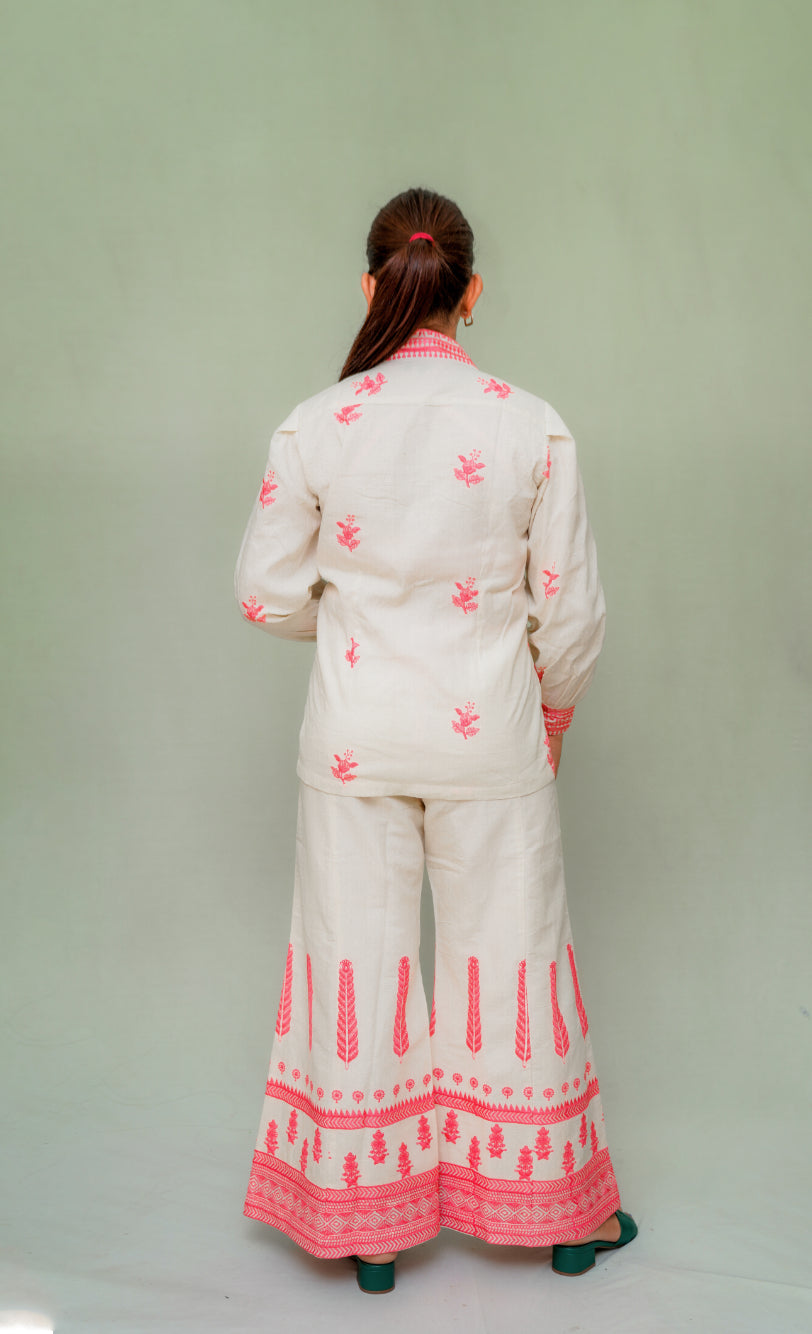 Off white Fushsia pink embriodered Coord Set