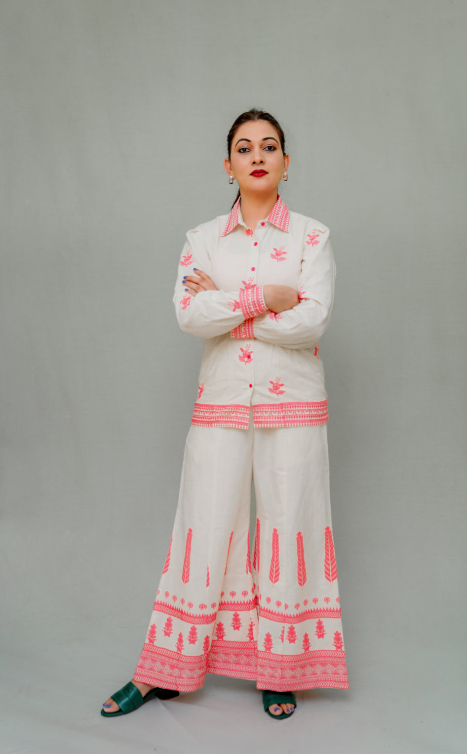 Off white Fushsia pink embriodered Coord Set