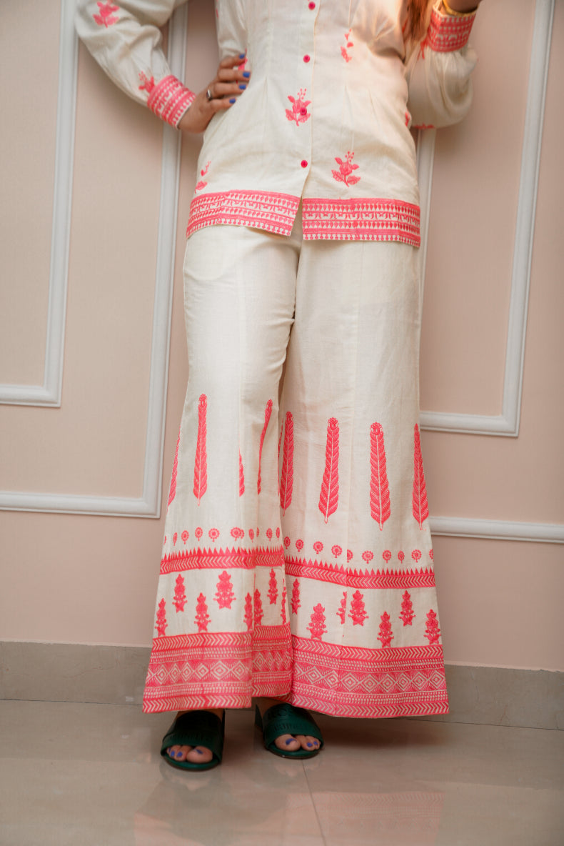 Off white Fushsia pink embriodered Coord Set