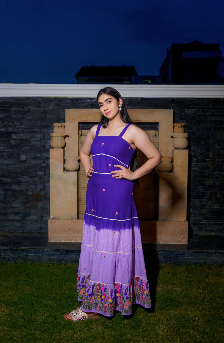 Lavender Fields ombre maxi dress with floral embroidery
