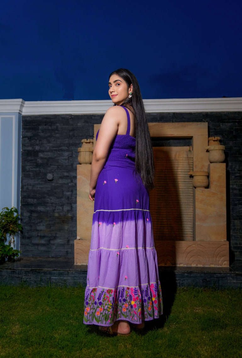 Lavender Fields ombre maxi dress with floral embroidery