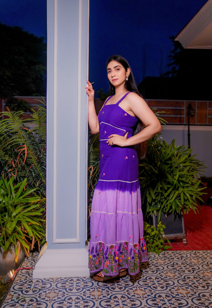 Lavender Fields ombre maxi dress with floral embroidery