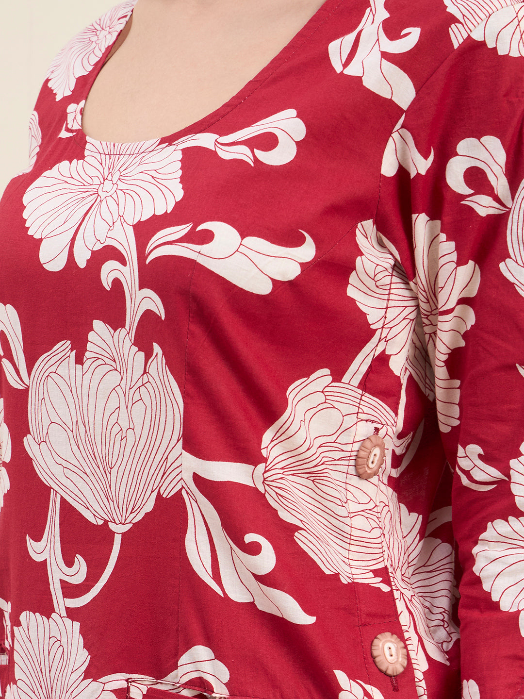 Red floral Print Kurta Set