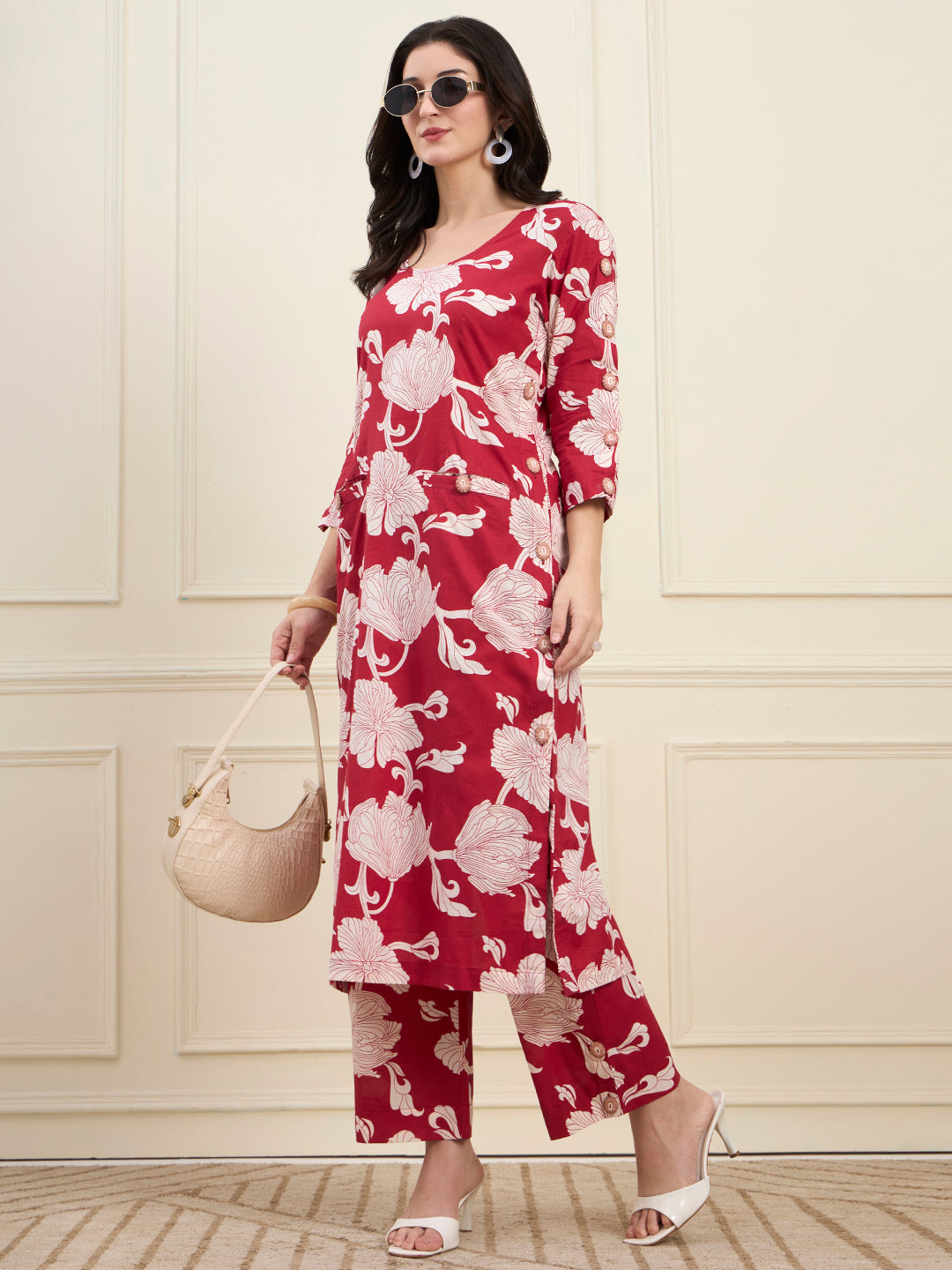 Red floral Print Kurta Set