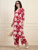 Red floral Print Kurta Set