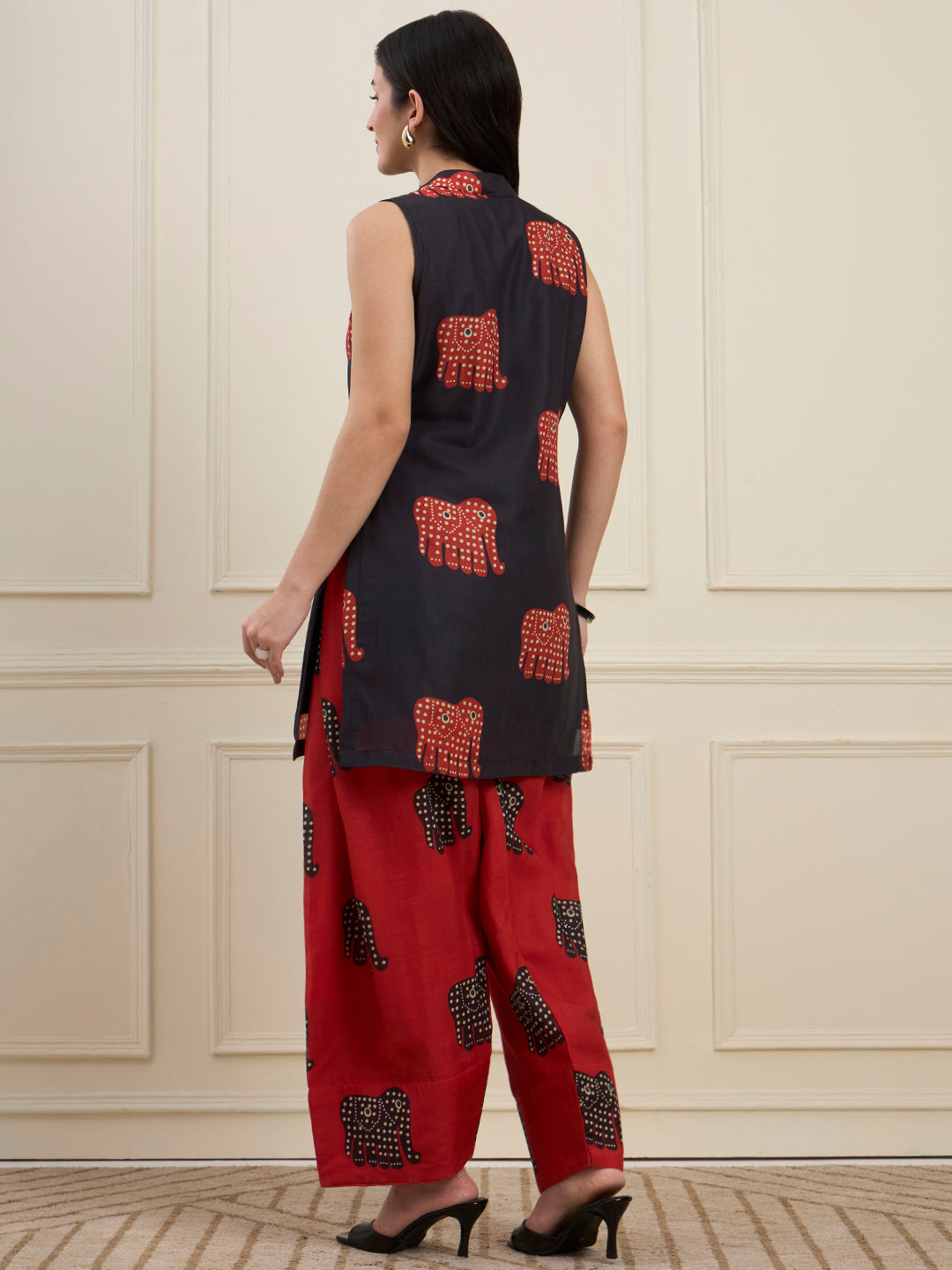Black Elephant Print Kurta with Red Farshi Salwar