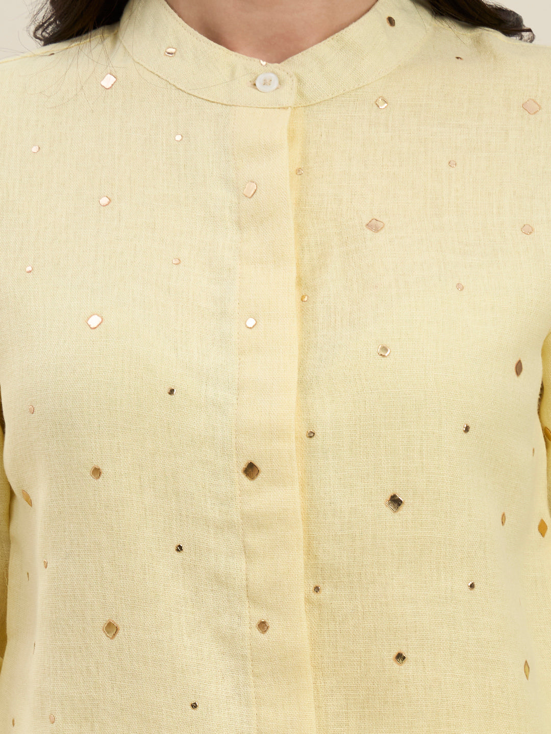 Solid Yellow Embellished Linen Coord Set with Straight Pants